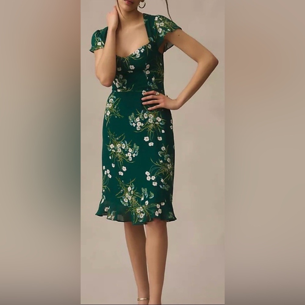 Reformation Rosi Dress Knee Length Fitted Short Sleeves Green Floral Size 0
